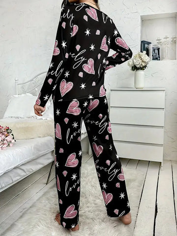 Heart & Diamond Print Pajama Set - Grey