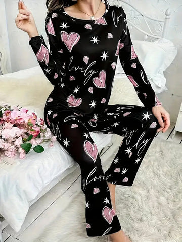 Heart & Diamond Print Pajama Set - Grey