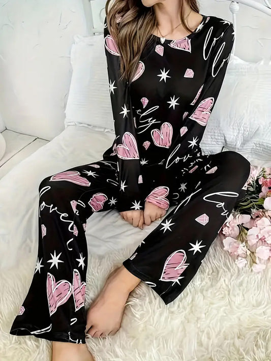 Heart & Diamond Print Pajama Set - Grey