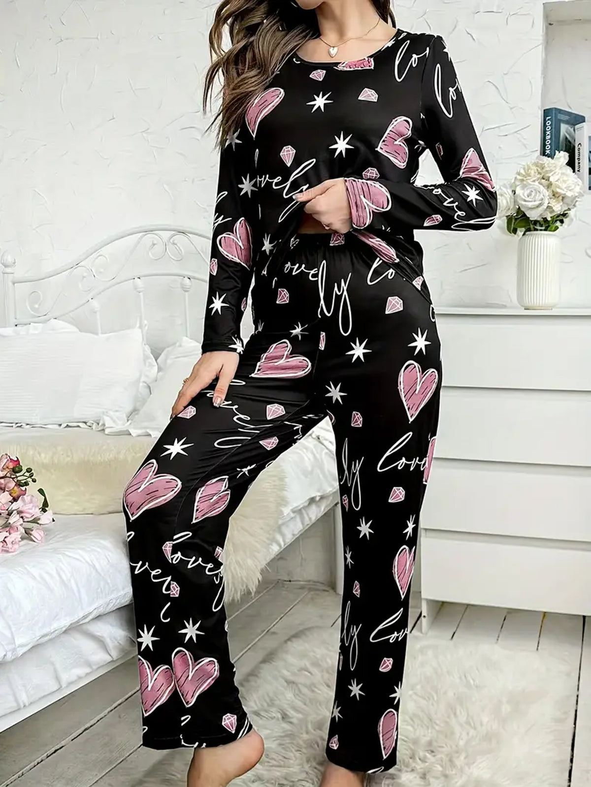 Heart & Diamond Print Pajama Set - Grey