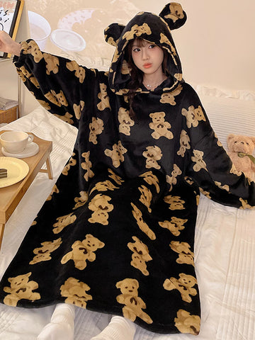 Oversized Hooded Plush Bear Print Nightgown