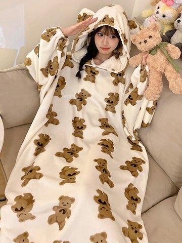 Oversized Hooded Plush Bear Print Nightgown