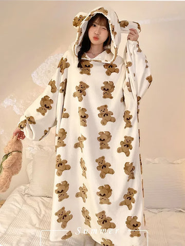 Oversized Hooded Plush Bear Print Nightgown