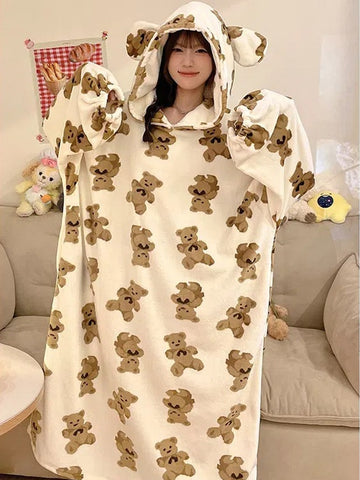 Oversized Hooded Plush Bear Print Nightgown