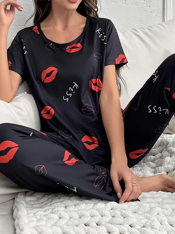 Red Lip & Letter Print Pajama Set