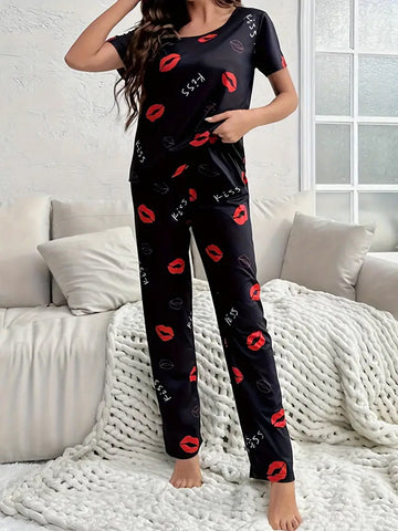 Red Lip & Letter Print Pajama Set