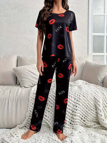 Red Lip & Letter Print Pajama Set