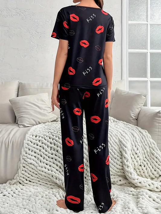 Red Lip & Letter Print Pajama Set