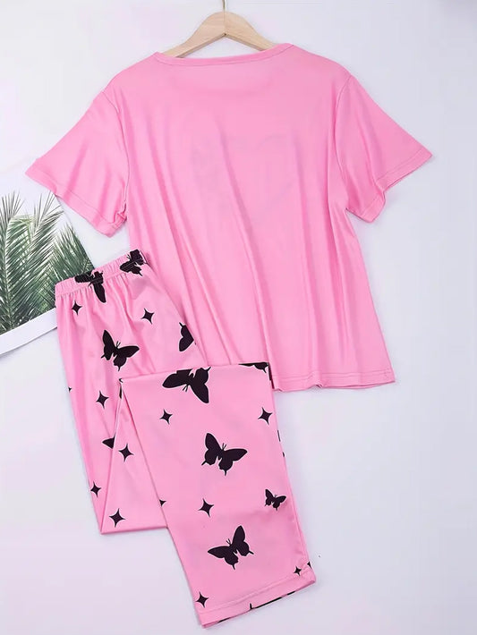 Short Sleeve Heart Print Pajamas Set - Bright Pink