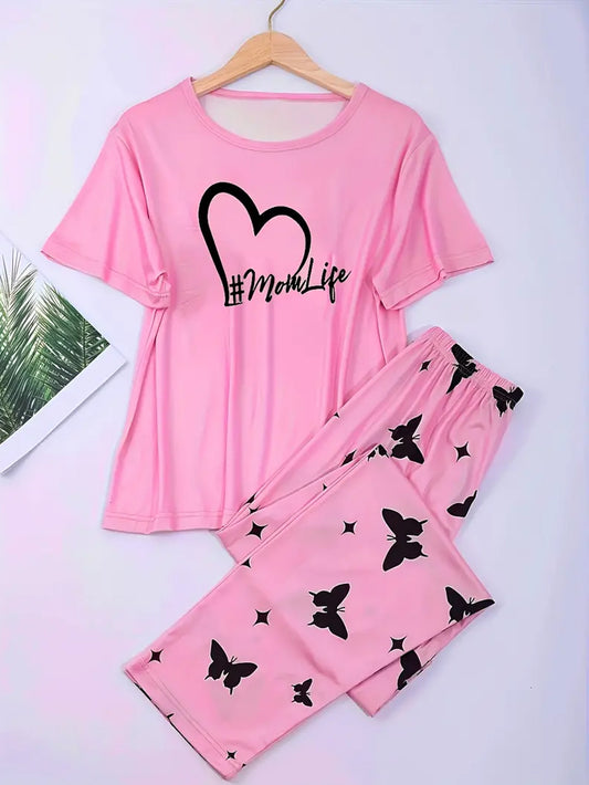 Short Sleeve Heart Print Pajamas Set - Bright Pink