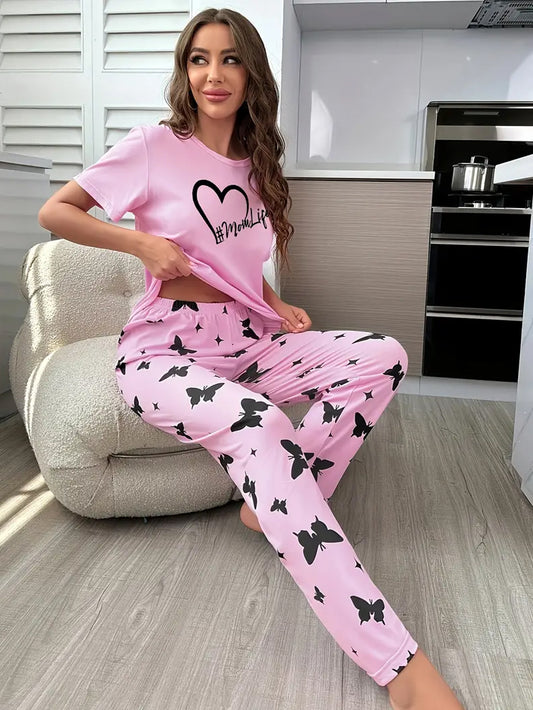 Short Sleeve Heart Print Pajamas Set - Pink