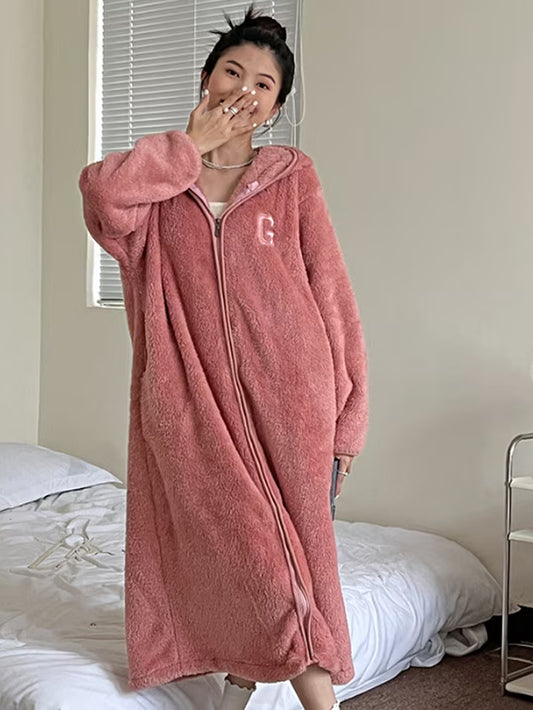 Thick Flannel Letter Embroidered Hooded Bathrobe