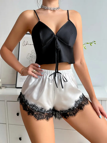 Solid Satin Lace Trim Pajama Set  V-Neck Elastic Shorts