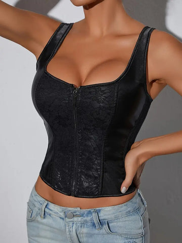 Punk Style Jacquard Zip-Up Shapewear Top