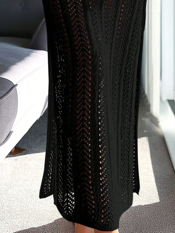 Boho Style Hollow Out Knitted Semi Sheer Halter Backless Cover Up Nighty -ED - TFI Lingerie