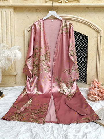 Elegant Floral Satin Long Sleeve Night Robe