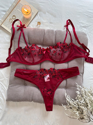 Floral Embroidery Mesh Unlined Lingerie Set -ED