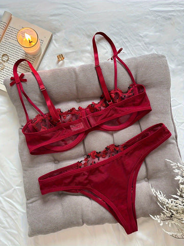 Floral Embroidery Mesh Unlined Lingerie Set -ED