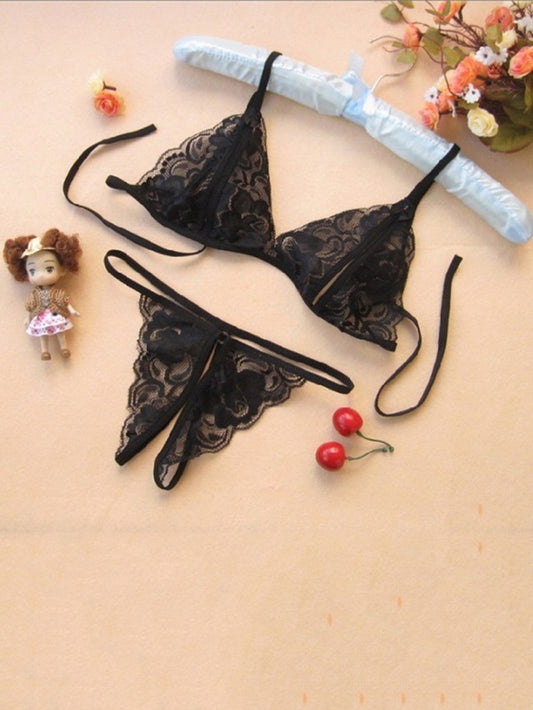 Floral Lace Bow Decor Lingerie Set - ED