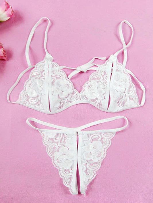 Floral Lace Bow Decor Lingerie Set