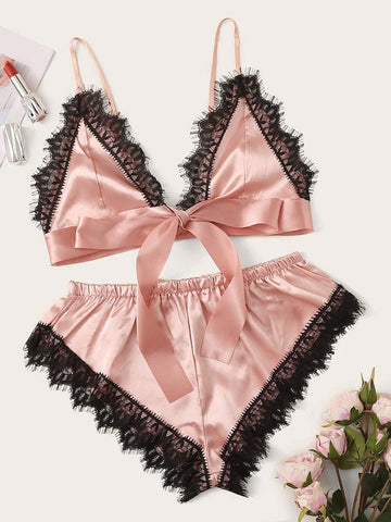 Lace Trim Satin Cami Tops Pajama Sets